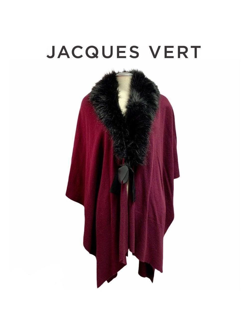Jacques Vert plum burgundy Wool Cashmere Poncho cape shawl faux fur trim ribbon